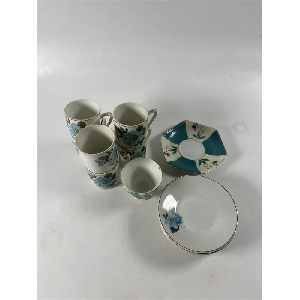 Vintage Fruit Japan Porcelain Tea Set Lot Blue Floral Cups Saucers Mid Century - Picture 2 of 7